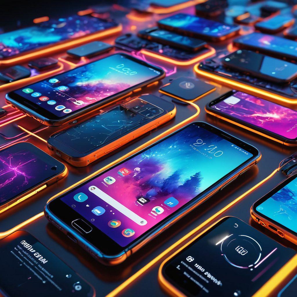 A dynamic battlefield scene featuring various smartphones clashing with each other, showcasing their unique features glowing in vibrant colors. Include a backdrop of technology elements like circuit patterns and digital screens, emphasizing innovation and modernity. The phones should be diverse, representing different brands and styles, highlighting their specifications as holographic displays above them. super-realistic. vibrant colors. tech-inspired.