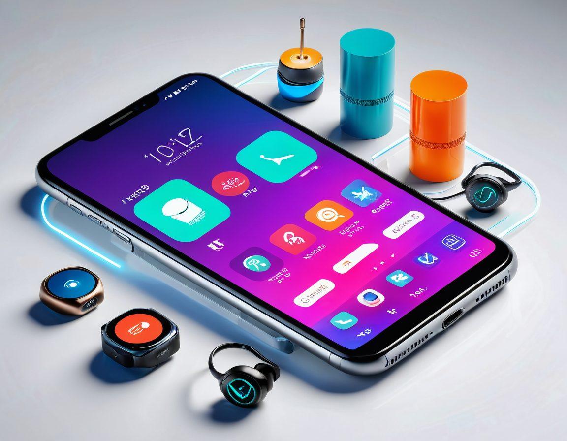 A sleek and futuristic smartphone with vibrant apps displayed on its screen, surrounded by innovative gadgets like smartwatches and wireless earbuds. In the background, a digital trend graph with upward arrows illustrates the rapid evolution of technology. The color palette is bright and engaging, evoking a sense of excitement and modernity. futuristic design. vibrant colors. clean white background.