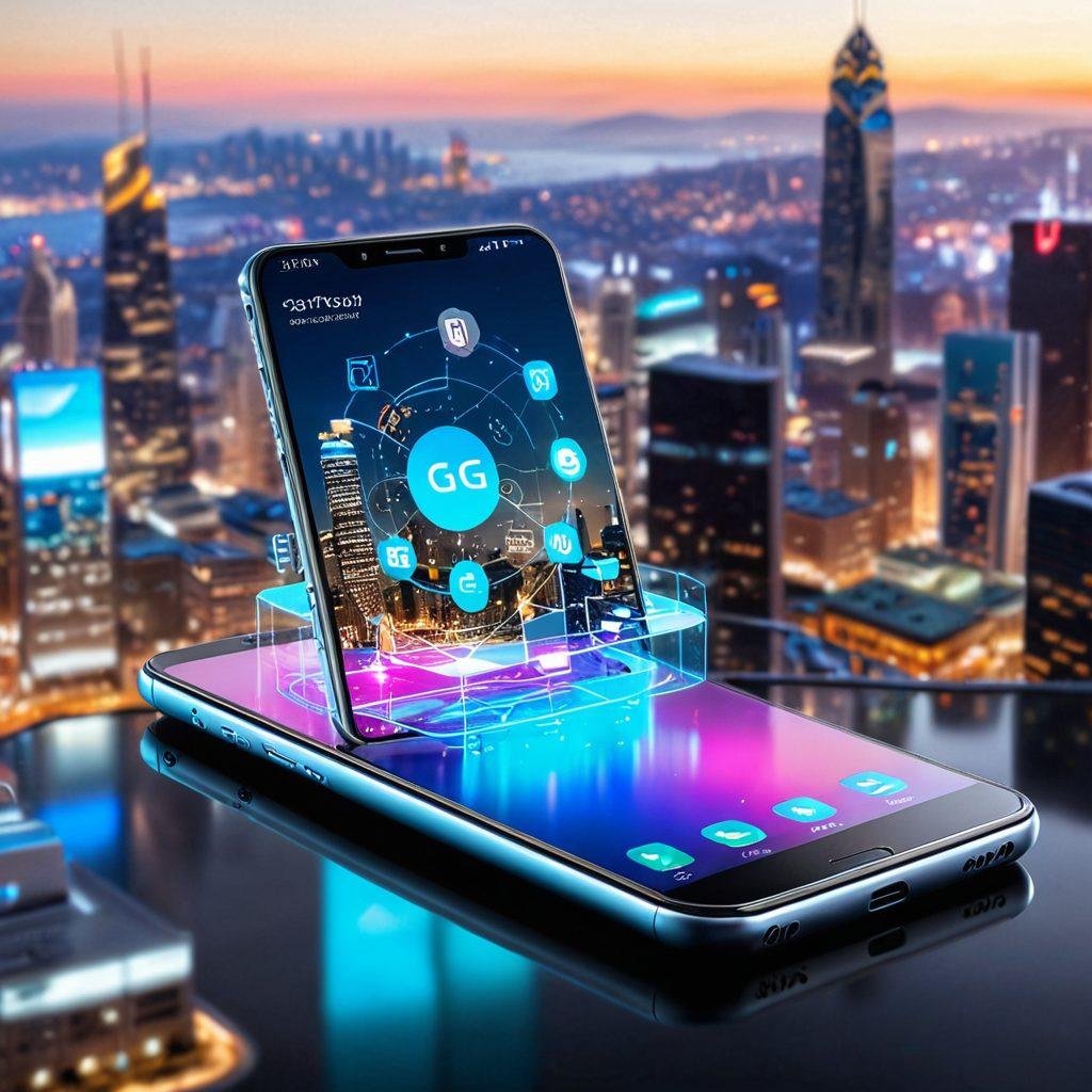 A futuristic smartphone with a holographic display showcasing innovative apps and trends, surrounded by floating digital icons representing AI, 5G, and IoT technology. Include vibrant colors to highlight the modern tech environment, with a blurred city skyline in the background symbolizing progress. The scene should convey a sense of excitement and evolution in mobile technology. super-realistic. vibrant colors. white background.
